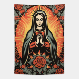 Vintage Retro Lithograph Virgin Mary Tapestry