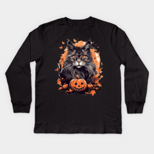 Maine Coon Cat Halloween, Cat Lover Kids Long Sleeve T-Shirt