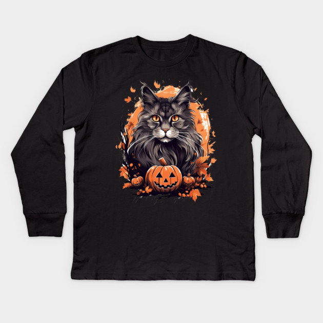 Maine Coon Cat Halloween, Cat Lover Kids Long Sleeve T-Shirt by logiamerch