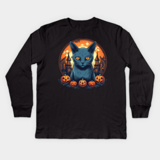Russian Blue Cat Halloween, Cat Lover Kids Long Sleeve T-Shirt