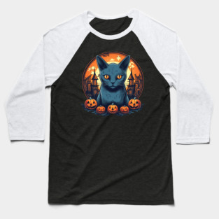 Russian Blue Cat Halloween, Cat Lover Baseball T-Shirt