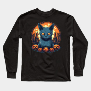 Russian Blue Cat Halloween, Cat Lover Long Sleeve T-Shirt