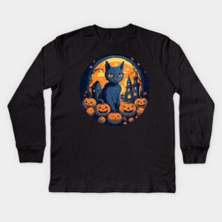 Russian Blue Cat Halloween, Cat Lover Kids Long Sleeve T-Shirt