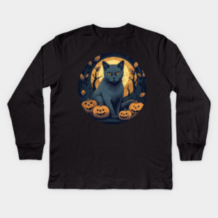 Russian Blue Cat Halloween, Cat Lover Kids Long Sleeve T-Shirt