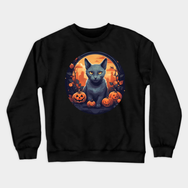 Russian Blue Cat Halloween, Cat Lover Crewneck Sweatshirt by logiamerch