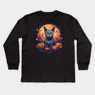 Russian Blue Cat Halloween, Cat Lover Kids Long Sleeve T-Shirt