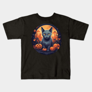 Russian Blue Cat Halloween, Cat Lover Kids T-Shirt