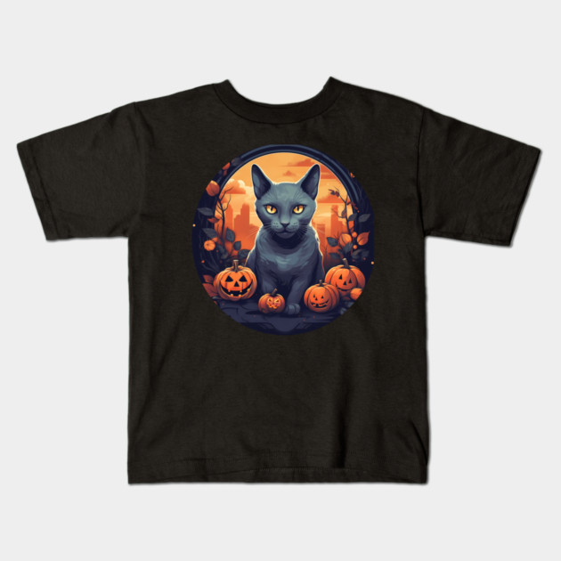 Russian Blue Cat Halloween, Cat Lover Kids T-Shirt by logiamerch