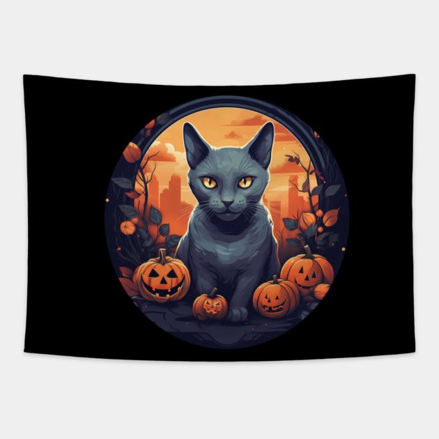 Russian Blue Cat Halloween, Cat Lover Tapestry by logiamerch