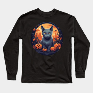 Russian Blue Cat Halloween, Cat Lover Long Sleeve T-Shirt