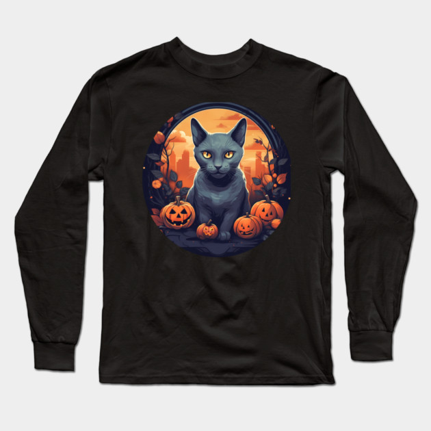 Russian Blue Cat Halloween, Cat Lover Long Sleeve T-Shirt by logiamerch