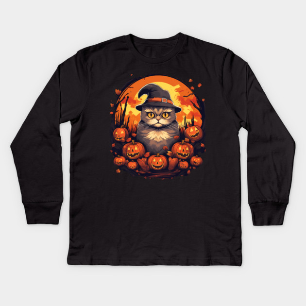 Scottish Fold Cat Halloween, Cat Love Kids Long Sleeve T-Shirt by logiamerch