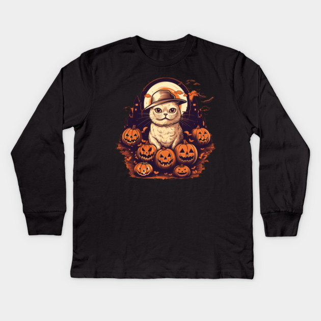 Scottish Fold Cat Halloween, Cat Lover Kids Long Sleeve T-Shirt by logiamerch