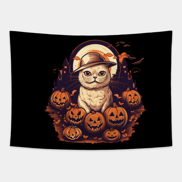 Scottish Fold Cat Halloween, Cat Lover Tapestry by logiamerch