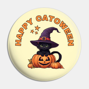 Happy Catoween Black Kitten Cat and Pumpkins Cheeky Witch® Pin