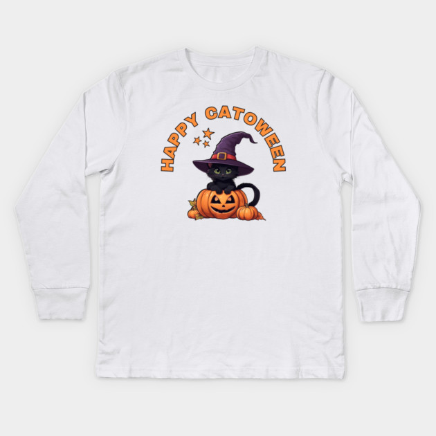Happy Catoween Black Kitten Cat and Pumpkins Cheeky Witch® Kids Long Sleeve T-Shirt by Cheeky Witch