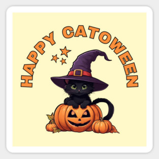 Happy Catoween Black Kitten Cat and Pumpkins Cheeky Witch® Sticker
