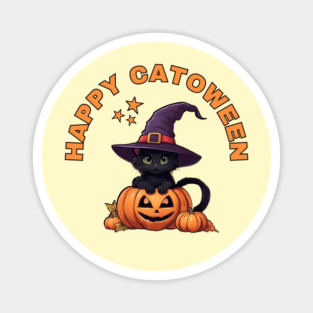 Happy Catoween Black Kitten Cat and Pumpkins Cheeky Witch® Magnet