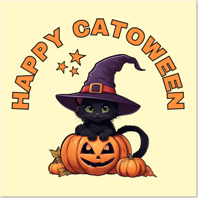 Happy Catoween Black Kitten Cat and Pumpkins Cheeky Witch® Wall Art by Cheeky Witch