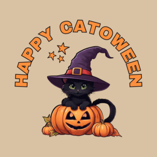Happy Catoween Black Kitten Cat and Pumpkins Cheeky Witch® T-Shirt