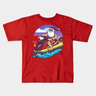 Hawaiian Christmas Santa Claus Jet Skiing Kids T-Shirt