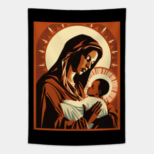 African American Art Virgin Mary Holding Baby Jesus Christ Child Tapestry