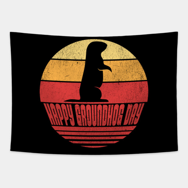 Retro Sunset Groundhog Day Tapestry by HolidayBug