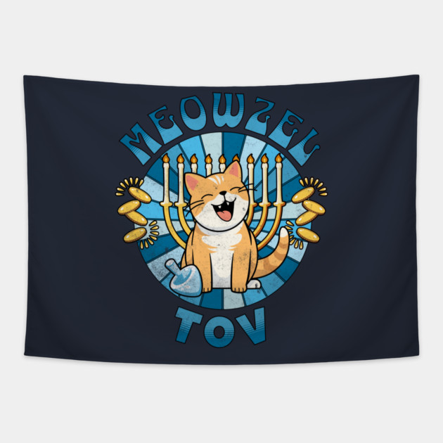 Retro Meowzel Tov Cat Hanukah Tapestry by HolidayBug