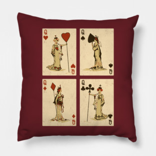Vintage Playing Cards: Queens of Spades, Hearts, Diamonds, and Clubs Pillow