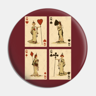 Vintage Playing Cards: Queens of Spades, Hearts, Diamonds, and Clubs Pin