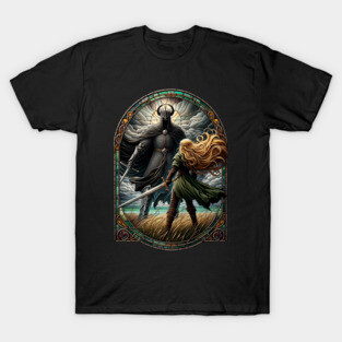 Epic Duel in Stained Glass - A Fierce Maiden and a Dark Wraith - Fantasy T-Shirt