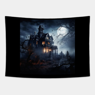 A haunted house on Halloween night Tapestry