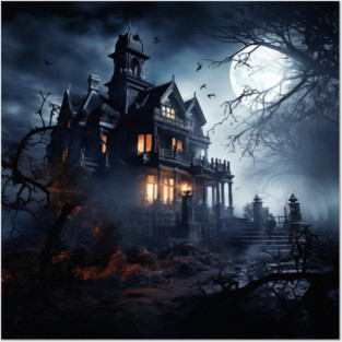 A haunted house on Halloween night Posters and Art