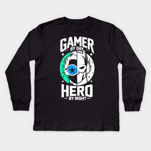 Gamer by Day Hero by Night Kids Long Sleeve T-Shirt by Frank Ring