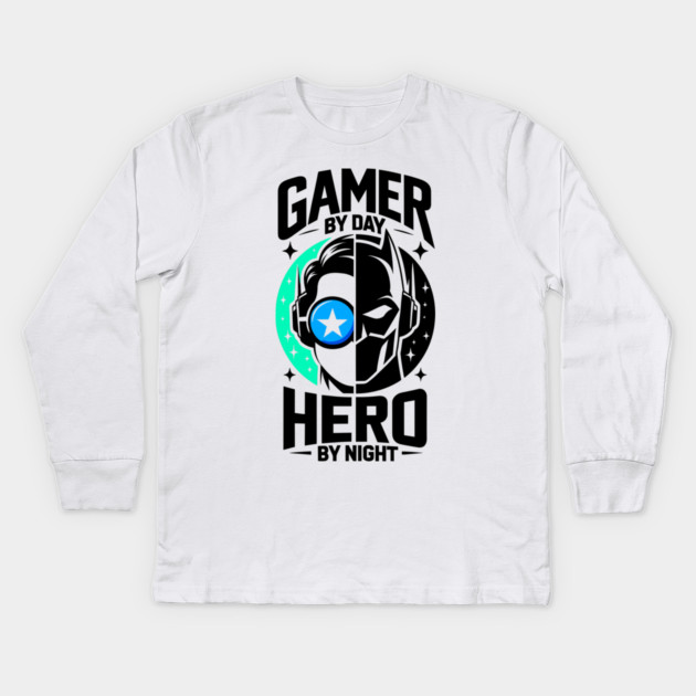 Gamer by Day Hero by Night Kids Long Sleeve T-Shirt by Frank Ring