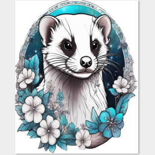 Ferret In Cottage Core and Filigree Style Art Posters and Art