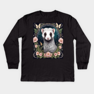 Ferret In Cottage Core and Filigree Style Art Kids Long Sleeve T-Shirt