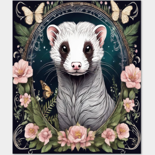 Ferret In Cottage Core and Filigree Style Art Posters and Art