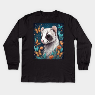 Ferret In Cottage Core and Filigree Style Art Kids Long Sleeve T-Shirt