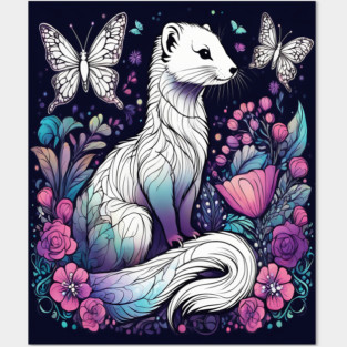 Ferret In Cottage Core and Filigree Style Art Posters and Art