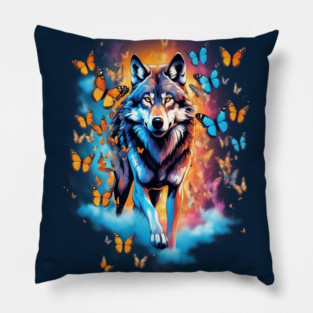 Wolf Stepping Through A Smoky Swirl Of Butterflies Pillow