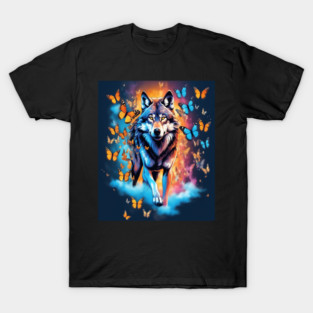 Wolf Stepping Through A Smoky Swirl Of Butterflies T-Shirt