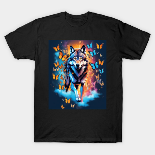 Wolf Stepping Through A Smoky Swirl Of Butterflies T-Shirt by BirdsnStuff