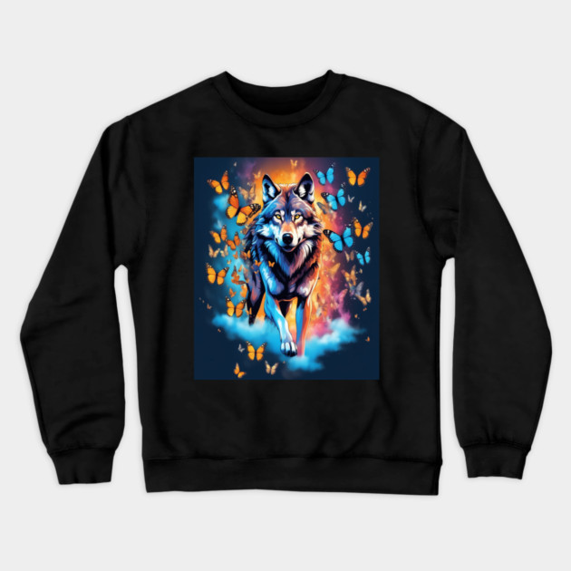 Wolf Stepping Through A Smoky Swirl Of Butterflies Crewneck Sweatshirt by BirdsnStuff