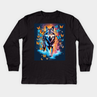 Wolf Stepping Through A Smoky Swirl Of Butterflies Kids Long Sleeve T-Shirt