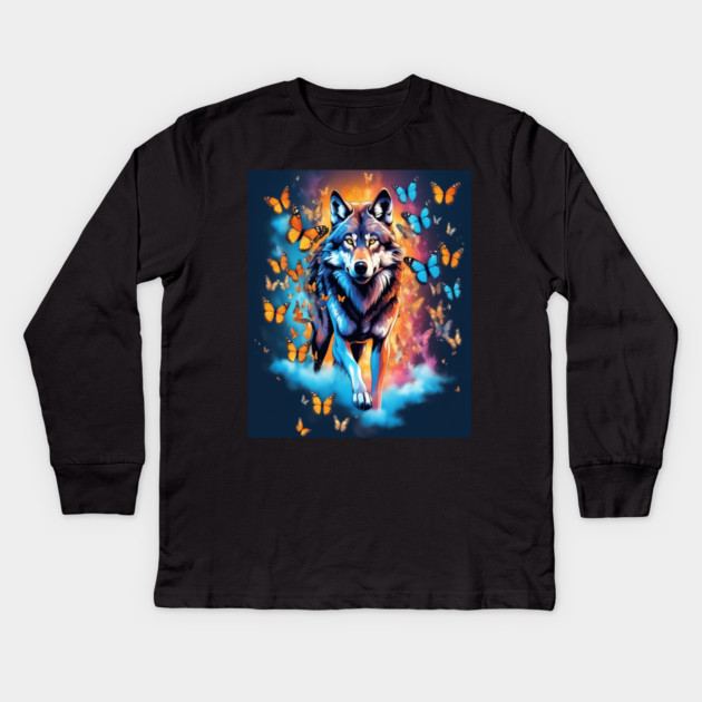 Wolf Stepping Through A Smoky Swirl Of Butterflies Kids Long Sleeve T-Shirt by BirdsnStuff
