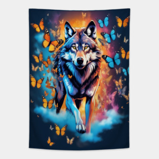 Wolf Stepping Through A Smoky Swirl Of Butterflies Tapestry