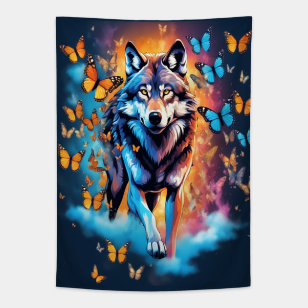 Wolf Stepping Through A Smoky Swirl Of Butterflies Tapestry by BirdsnStuff