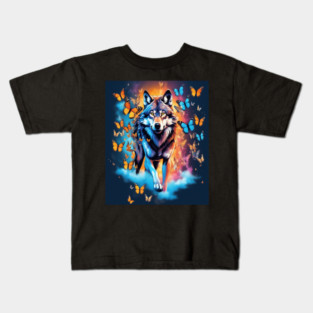 Wolf Stepping Through A Smoky Swirl Of Butterflies Kids T-Shirt