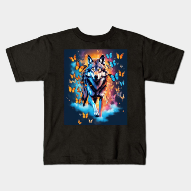 Wolf Stepping Through A Smoky Swirl Of Butterflies Kids T-Shirt by BirdsnStuff